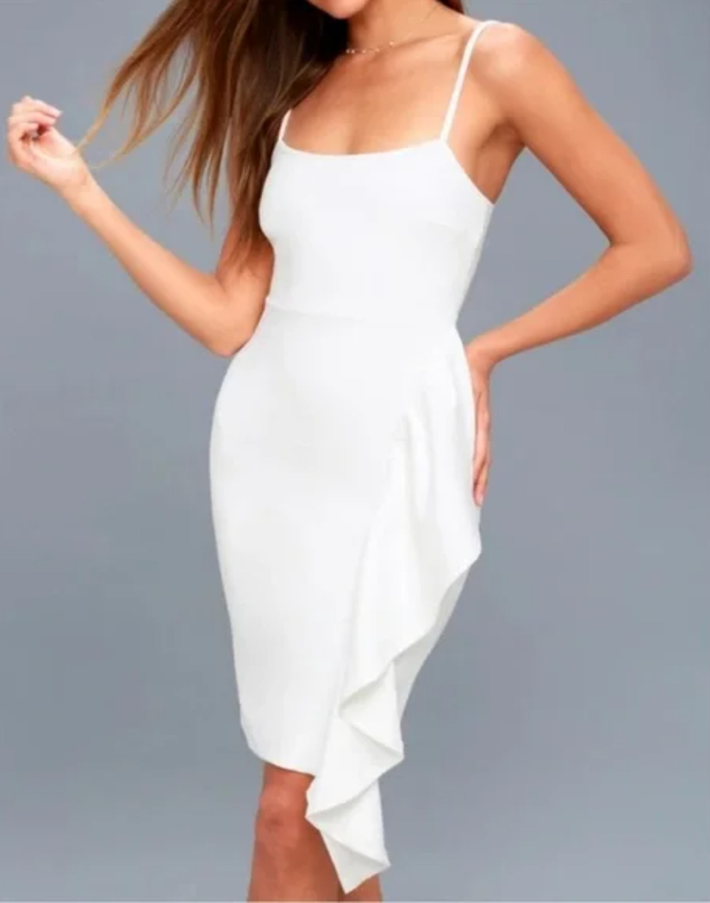 Lulus M Side Ruffle Bodycon Dress $78 Knee Length Stretch Cotton White Wedding